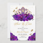 パープル&金ゴールドティアラデイトクインセアニラを保存 招待状 (正面)