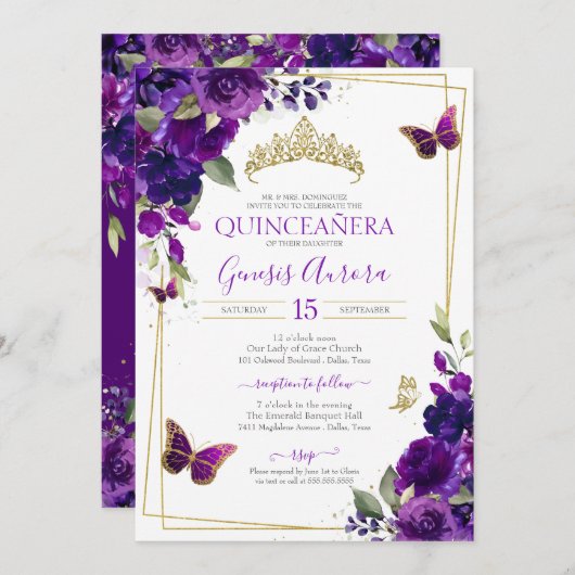 パープル&金ゴールドバタフライフローラキンセアニェラ 招待状 (正面/裏面)