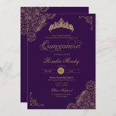 パープル&金ゴールドバラエレガントクインセアニラ 招待状 (正面/裏面)