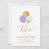 パープル&金ゴールドバルーン女の子2nd誕生日パーティー 招待状 (正面)
