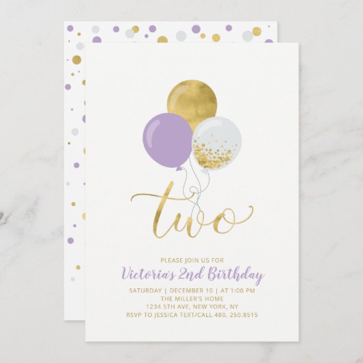 パープル&金ゴールドバルーン女の子2nd誕生日パーティー 招待状 (正面/裏面)