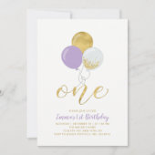 パープル&金ゴールドバルーン1st女の子バースデーパーティー 招待状 (正面)