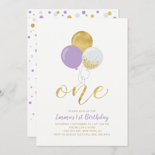 パープル&金ゴールドバルーン1st女の子バースデーパーティー 招待状 (正面/裏面)