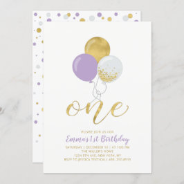 パープル&金ゴールドバルーン1st女の子バースデーパーティー 招待状