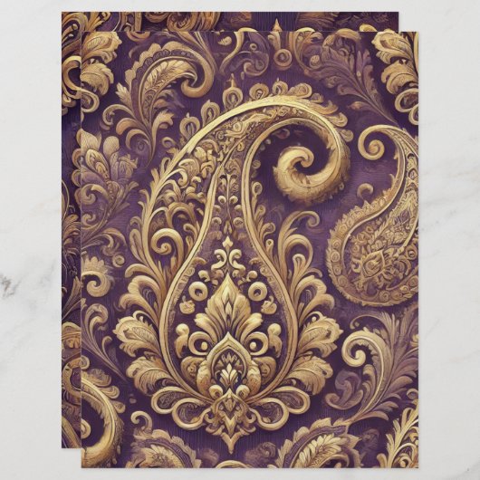 パープル&金ゴールドビクトリアンペイズリースクラップブック紙 (正面/裏面)