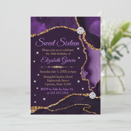 パープル&金ゴールドフェイクグリッターアガテスウィート16 招待状 (スタンド正面)