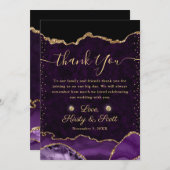 パープル&金ゴールドフェイクグリッターアゲ結婚ート サンキューカード (正面/裏面)