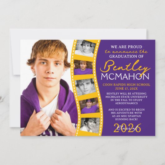 パープル&金ゴールドフォトフィルムストリップグラッドアナウンス 招待状 (正面)