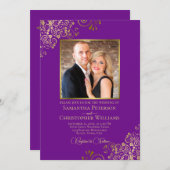 パープル&金ゴールドフォト&QRコーファンシード結婚 招待状 (正面/裏面)