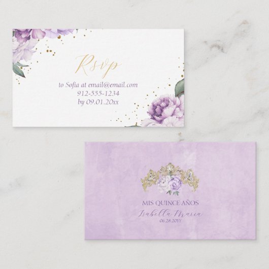 パープル&金ゴールドフローラエレガントクインセエーネラRSVP エンクロージャーカード (正面/裏面)