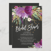 パープル&金ゴールドフローラブライダルシャワー招待 招待状 (正面/裏面)