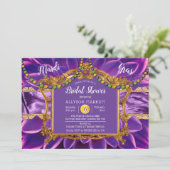 パープル |金ゴールドフローラマルディグラスブライダルシャワー 招待状 (スタンド正面)