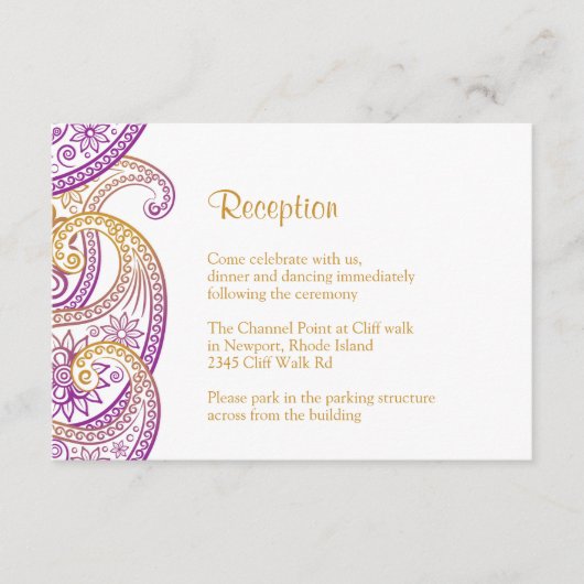パープル&金ゴールドペイズリー披露宴、インディアン結婚ズ エンクロージャーカード (正面)