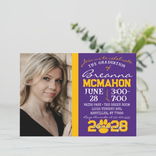 パープル&金ゴールドポープリント卒業写真招待状 招待状 (スタンド正面)