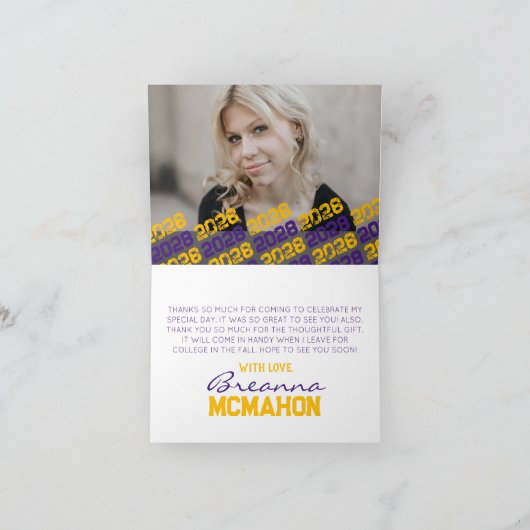 パープル&金ゴールドポープリント卒業式折り畳み2写真 サンキューカード (内部)
