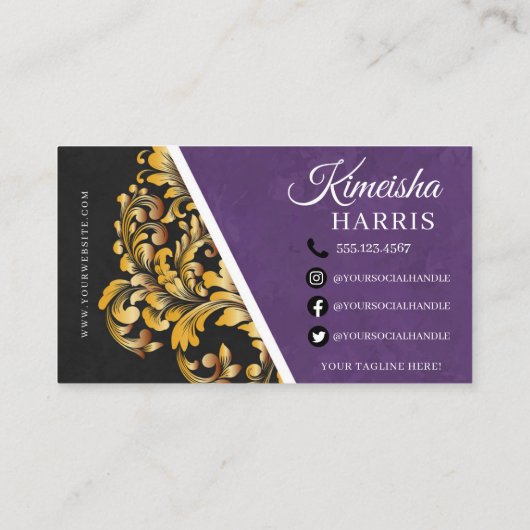 パープル&金ゴールドモダンヘアブレイディングサロン 名刺 (裏面)