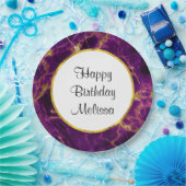 パープル&金ゴールドモダン抽象芸術マーブル誕生日 ペーパープレート (パーティー)