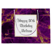 パープル&金ゴールドモダン抽象芸術マーブル誕生日 ラージペーパーバッグ (正面)
