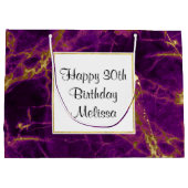 パープル&金ゴールドモダン抽象芸術マーブル誕生日 ラージペーパーバッグ (裏面)