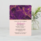 パープル&金ゴールドモダン抽象芸術マーブル誕生日 招待状 (スタンド正面)