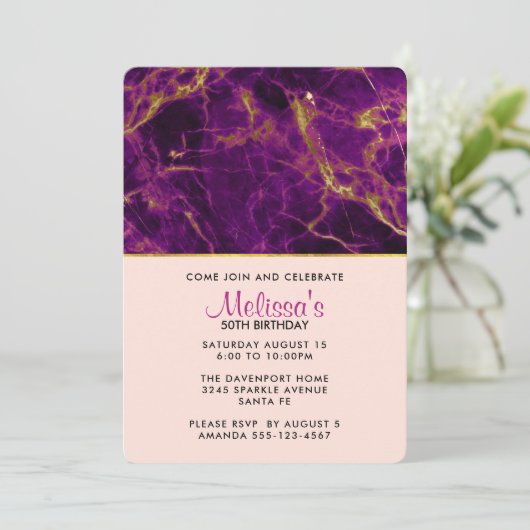 パープル&金ゴールドモダン抽象芸術マーブル誕生日 招待状 (スタンド正面)