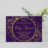 パープル&金ゴールドモダン牡丹トイレベビーシャワー 箔招待状 (立ち正面)