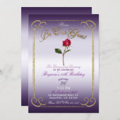 パープル&金ゴールドレッドローズ美しいバースデーパーティー 招待状 (正面/裏面)