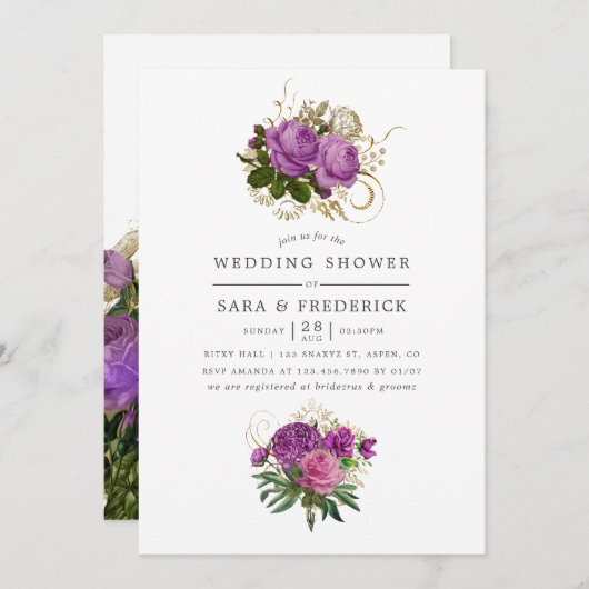 パープル&金ゴールドヴィンテージシックウェディングシャワー招待状 招待状 (正面/裏面)
