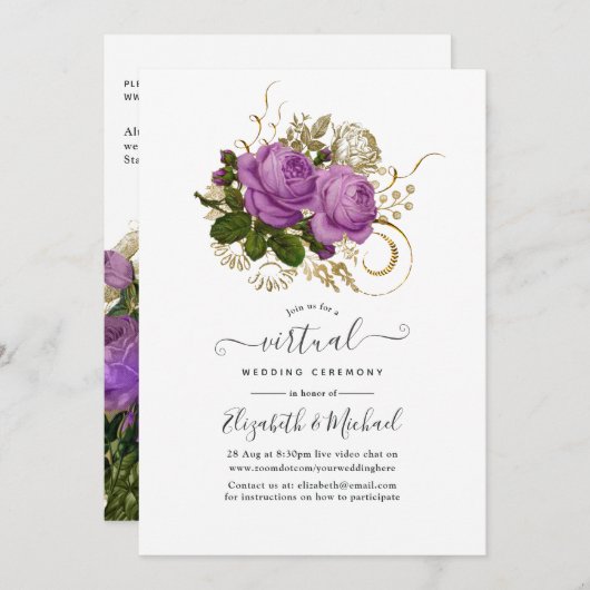 パープル&金ゴールドヴィンテージシックフローラバーチャル結婚ズ 招待状 (正面/裏面)