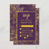 パープル |金ゴールドヴィンテージバラフローラRSVP挿入 出欠カード (正面/裏面)