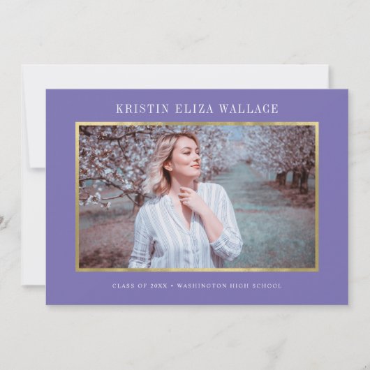 パープル&金ゴールド卒業発表 案内状 (正面)