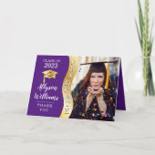 パープル |金ゴールド大学院生Wave Grad Cap写真 サンキューカード (正面)