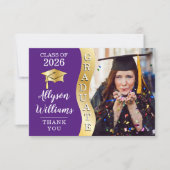 パープル |金ゴールド大学院生Wave Grad Cap写真 サンキューカード (正面)