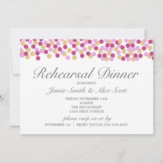 パープル&金ゴールド水玉模様リハーサルディナー招待状 招待状 (正面)