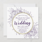 パープル&金ゴールド牡丹モダンフローラトイル結婚ズ 招待状 (正面)