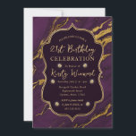パープル&金ゴールド秋秋大理石21st誕生日 招待状<br><div class="desc">紫とエレガント金ゴールド秋の秋ヴィンテージフレームと金ゴールドダイヤモンド要素を持つ大理石の石のテクスチャデザイン。</div>