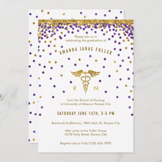 パープル&金ゴールド紙吹雪ナース卒業招待状 招待状 (正面/裏面)