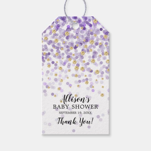 パープル&金ゴールド紙吹雪ベビーシャワーお気に入りギフトラベル ギフトタグ (正面)