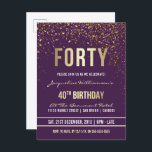パープル |金ゴールド紙吹雪40th Birthdayパーティー インビテーションポストカード<br><div class="desc">パープル |金ゴールド紙吹雪40th誕生日パーティーはがき招待状。こフォーマルの、トレンディーエレガント、40歳のバースデモダンィーパーティーの招待は適して男性へいる。黄金のクリーンな線スタイリッシュ、大文字のゴシック様式の台本、紫色の背景に洗練された金ゴールドフォイルの文字を含みフェイクて、シャワーと輝く金ゴールドの紙吹雪とパーティーのストリーマーのシャワーを含むきらめく。</div>