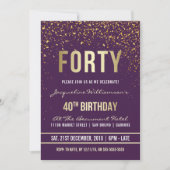 パープル |金ゴールド紙吹雪40th Birthdayパーティー 招待状 (正面)