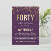 パープル |金ゴールド紙吹雪40th Birthdayパーティー 招待状 (スタンド正面)