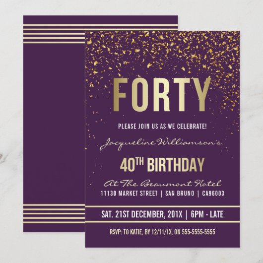 パープル |金ゴールド紙吹雪40th Birthdayパーティー 招待状 (正面/裏面)