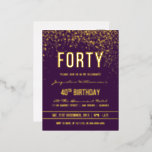 パープル |金ゴールド紙吹雪40th Birthdayパーティー 箔招待状ポストカード<br><div class="desc">パープル |金ゴールド紙吹雪40th誕生日パーティー箔はがき招待状。こフォーマルの、トレンディーエレガント、40歳のバースデモダンィーパーティーの招待は適して男性へいる。金色のクリーンなラインスタイリッシュ、大文字のゴシック様式のスクリプト、紫色の背景に洗練された金ゴールドフォイルの文字を含み王室の、シャワーとキラキラした金ゴールド紙吹雪とパーティーストリーマーのシャワーを含むきらめく。</div>