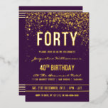 パープル |金ゴールド紙吹雪40th Birthdayパーティー 箔招待状<br><div class="desc">パープル |金ゴールド紙吹雪40th Birthdayパーティーフォイル招待状。こフォーマルの、トレンディーエレガント、40歳のバースデモダンィーパーティーの招待は適して男性へいる。金色のクリーンなラインスタイリッシュ、大文字のゴシック様式のスクリプト、紫色の背景に洗練された金ゴールドフォイルの文字を含み王室の、シャワーとキラキラした金ゴールド紙吹雪とパーティーストリーマーのシャワーを含むきらめく。</div>