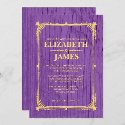 パープル&金ゴールド素朴バーンウッド結婚式招待状 招待状 (正面/裏面)