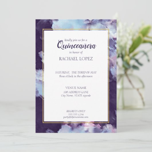 パープル&金ゴールド絵を描抽象芸術キンセアニェラ 招待状 (スタンド正面)