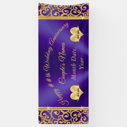 パープル&金ゴールド·ハッピ結婚ー記念日の旗 横断幕 (縦)