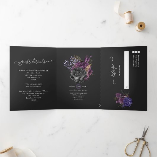 パープル、金ゴールド、ブラックシャビー結婚フローラ 三つ折り招待状 (内部)