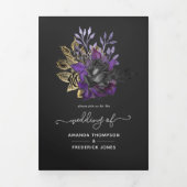 パープル、金ゴールド、ブラックシャビー結婚フローラ 三つ折り招待状 (カバー)