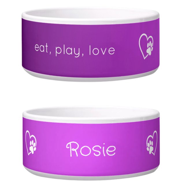 パープル 'eat play love' 犬の名前入りボウル ボウル (クリエイターアップロード済み)